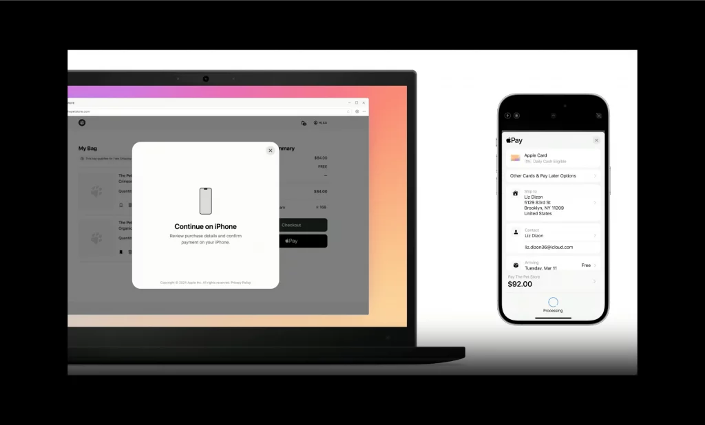 A laptop screen prompts to continue checkout on iPhone, while the iPhone displays Apple Pay payment and shipping details for a $92 purchase.