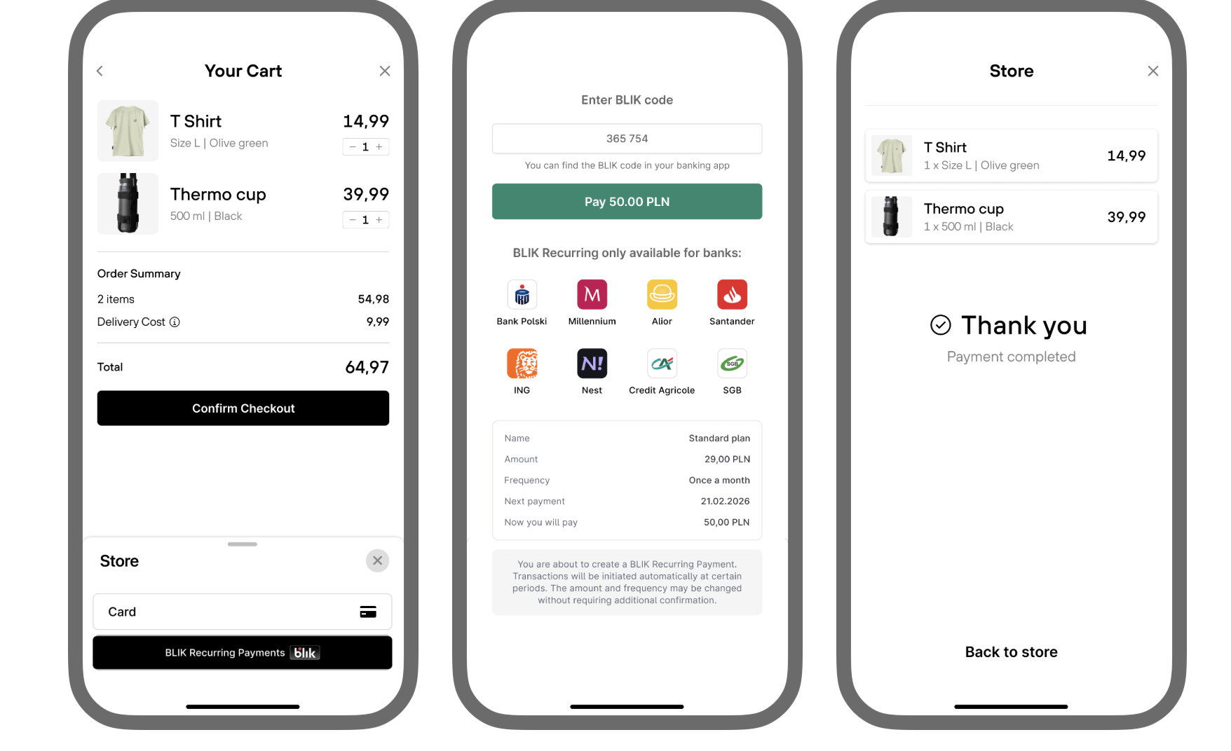 Mobile app checkout process with cart, payment, and confirmation screens.