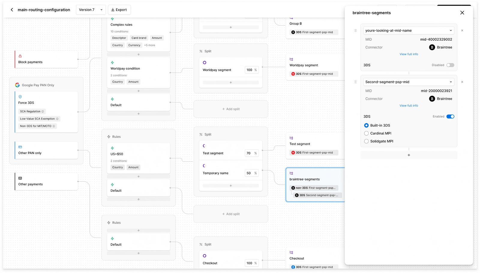 Digital workflow configuration interface showing interconnected nodes and an audience segments panel.