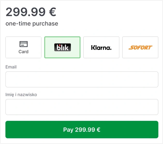 Online payment form for a one-time purchase of 299.99 euros, offering payment options by card, Blik, Klarna, or Sofort, with fields for email and name, and a green button labeled