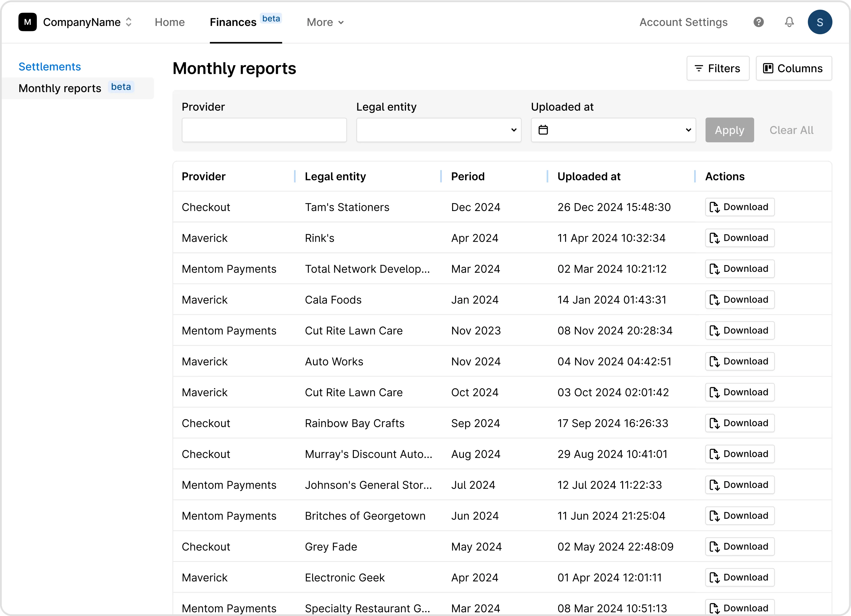 Monthly reports dashboard with a searchable and filterable table listing report provider, legal entity, period, upload date, and download actions.