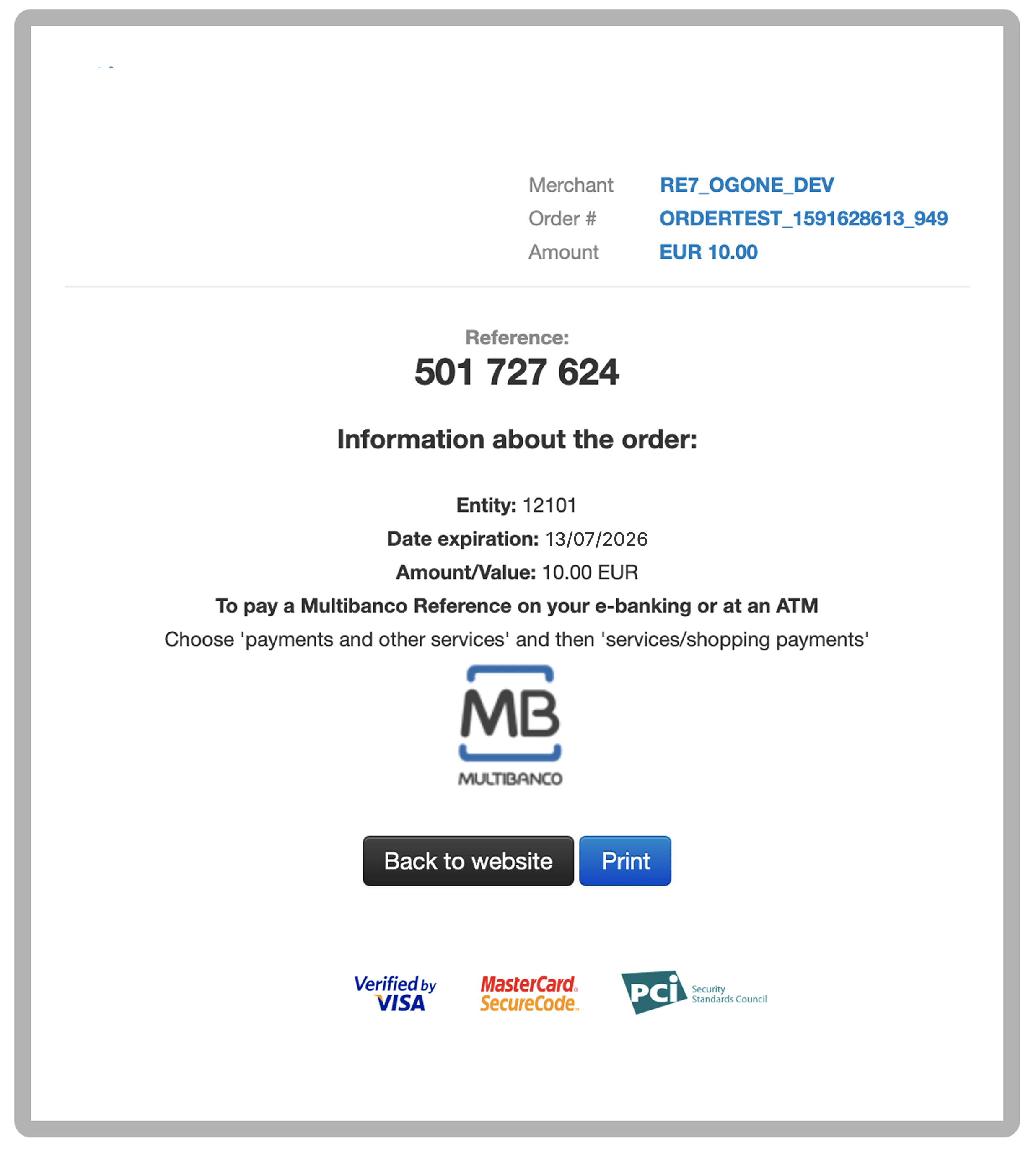 Payment reference screen showing order details: 501 727 624 for 10.00 EUR via Multibanco.