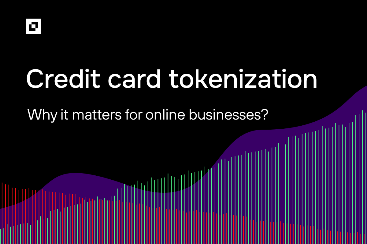 Black background with white text 'Credit card tokenization: Why it matters for online businesses?' Below, colorful wavy lines create a dynamic, modern feel.