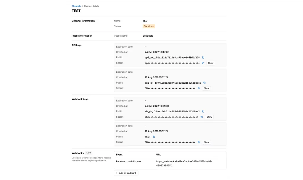 Channel details page for a sandbox account showing public channel name, API keys, webhook keys, and webhook event configuration.