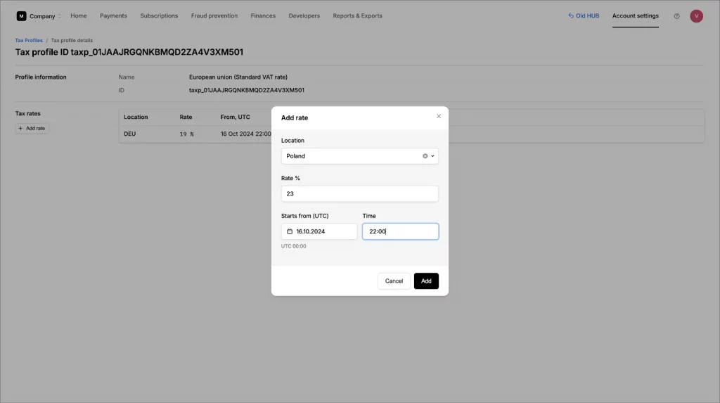 A tax profile dashboard for EU VAT shows an "Add rate" pop-up to enter Poland's 23% rate and start date/time for activation.