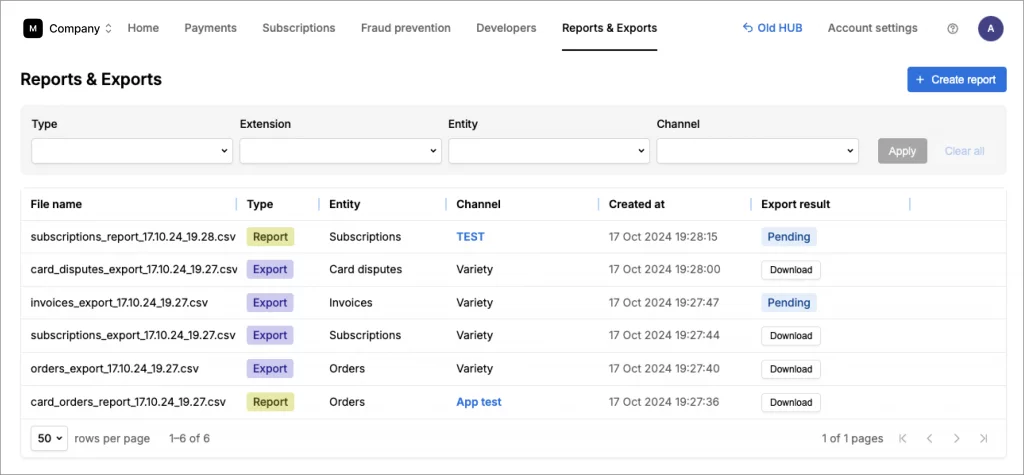 Reports & Exports dashboard listing subscription, dispute, invoice, and order CSV reports with export result status and download links.