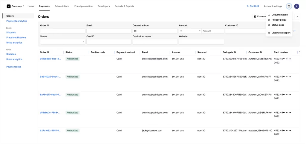 An orders page displays filtered online card transactions, showing status, decline codes, payment method, and masked card numbers.