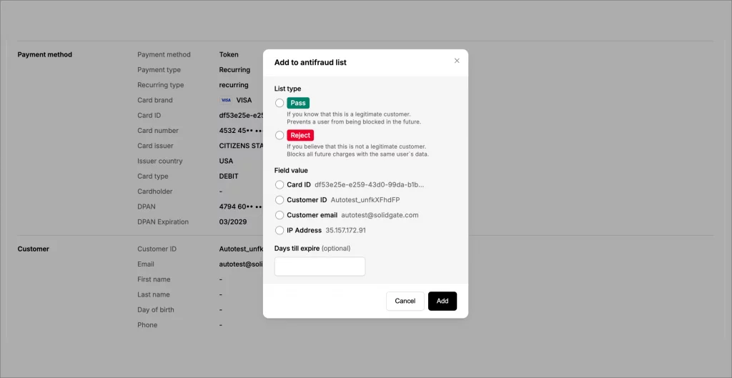 A pop-up modal for adding a payment or customer detail to the antifraud list, with options to pass or reject and set expiry.