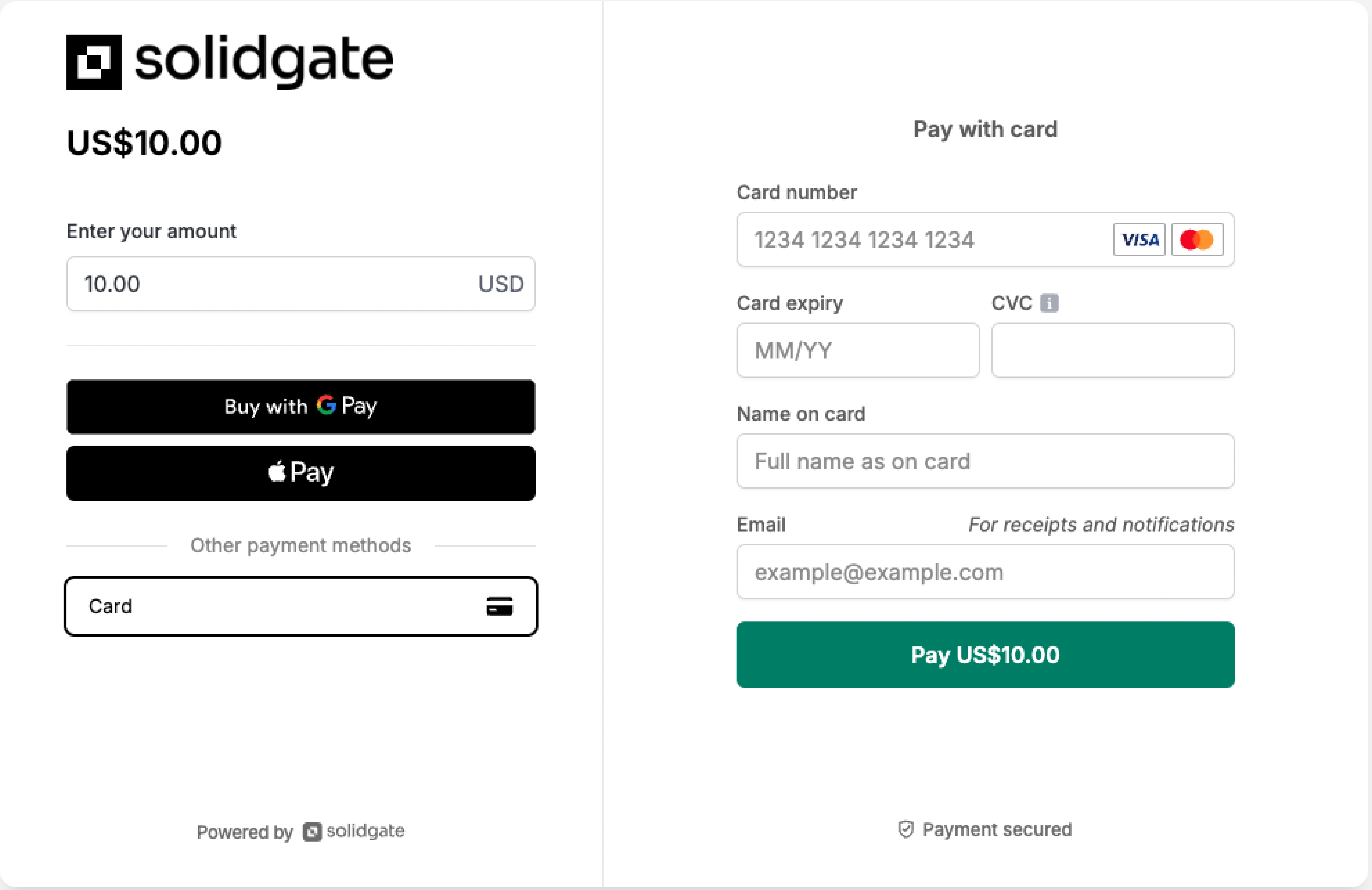 Solidgate payment link for $10.00, offering Google Pay, Apple Pay, and card payment options with secure checkout fields.