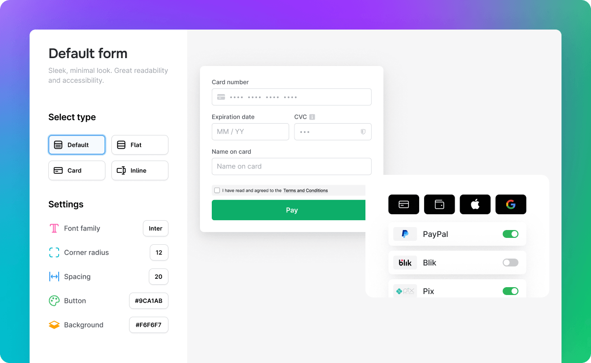 UI design showing a customizable payment form with card details and payment method selections.