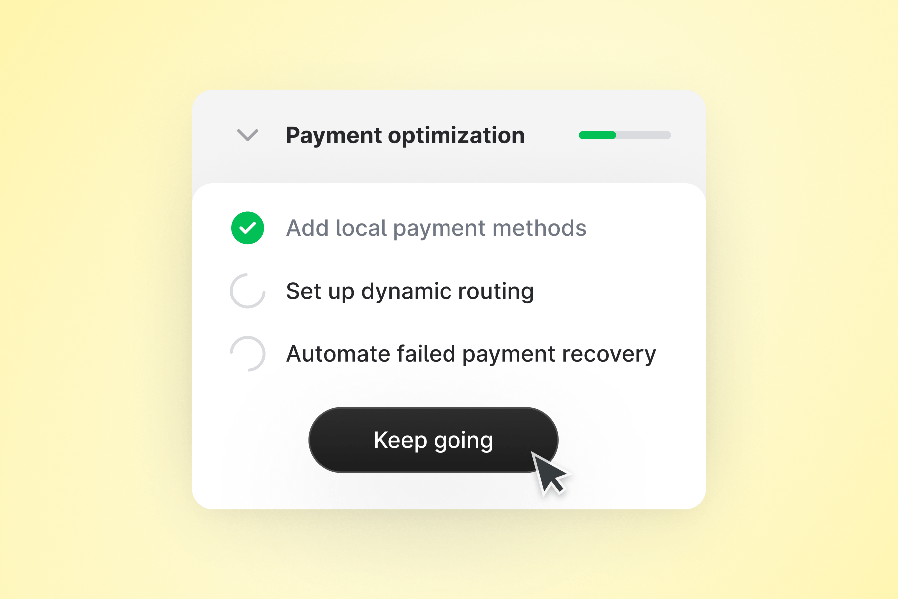 Payment optimization UI with 'Add local payment methods' checked, clicking 'Keep going' button.