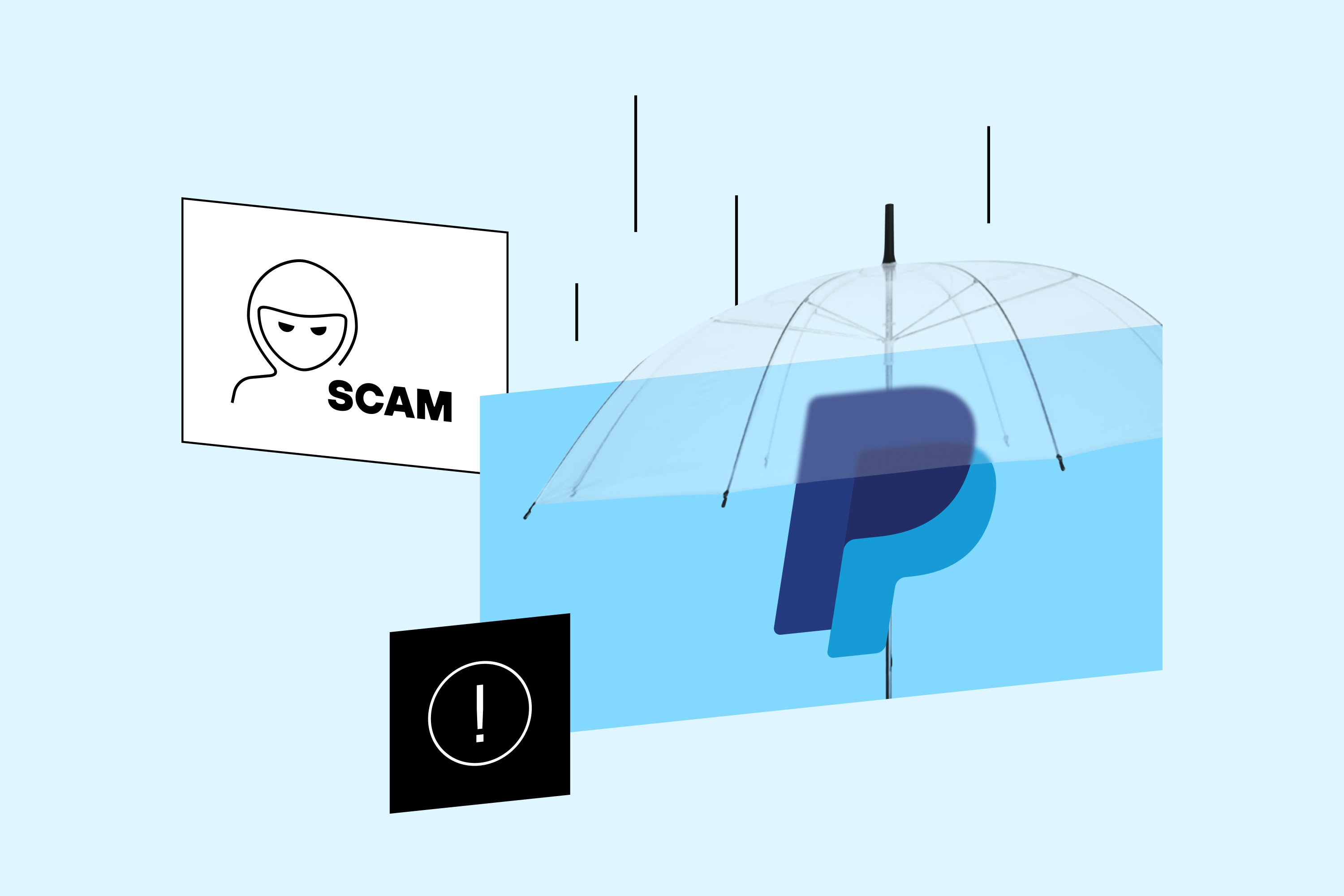 Illustration shows the PayPal logo under a protective dome, with scam and alert symbols representing anti-fraud security.