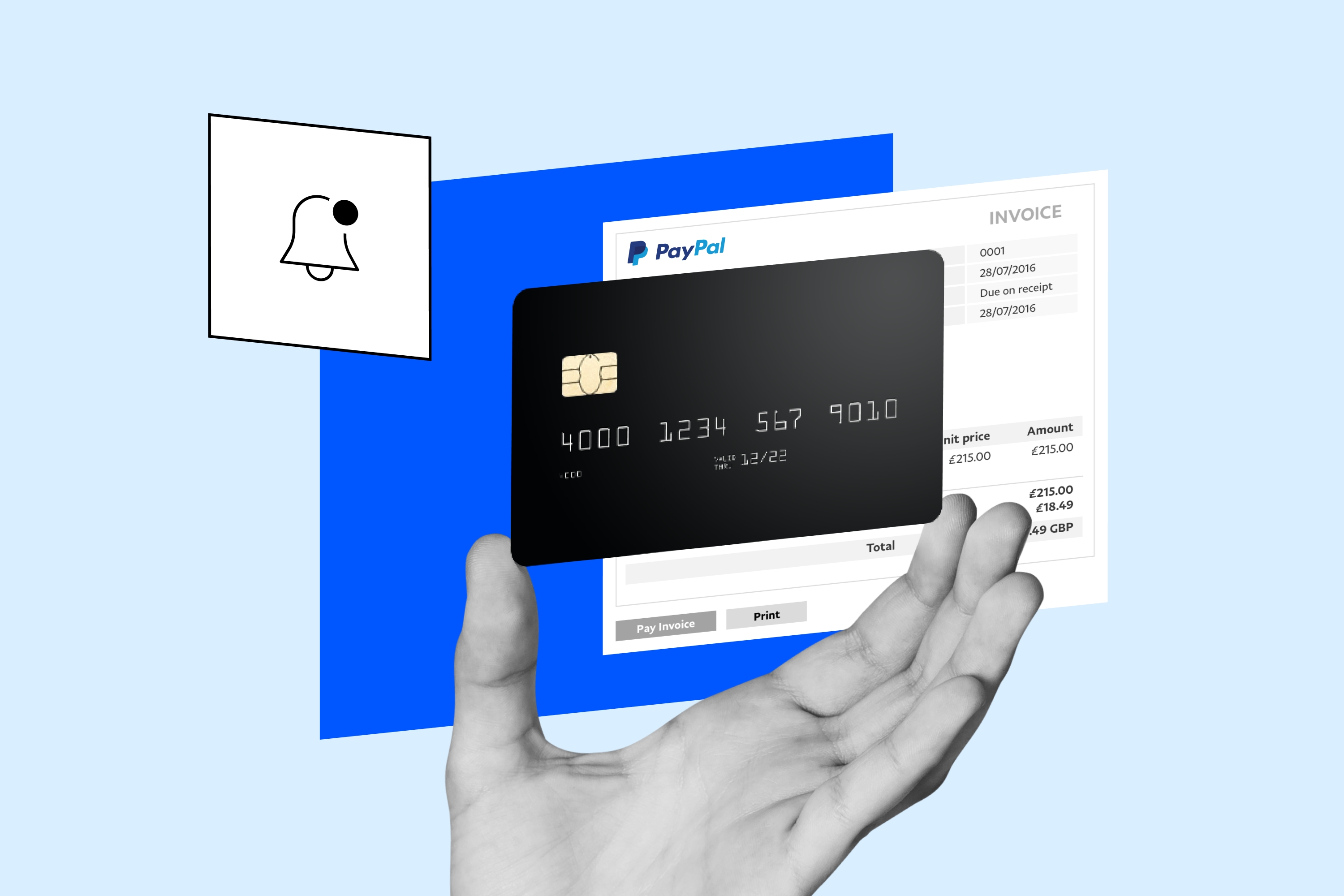 A hand holds a credit card in front of a PayPal payment page and notification icon, symbolizing digital payment and alerts.
