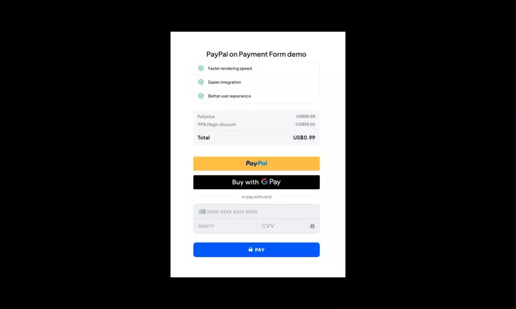 A payment form demo with options for PayPal, Google Pay, or credit card, showing a $0.99 total after discount.
