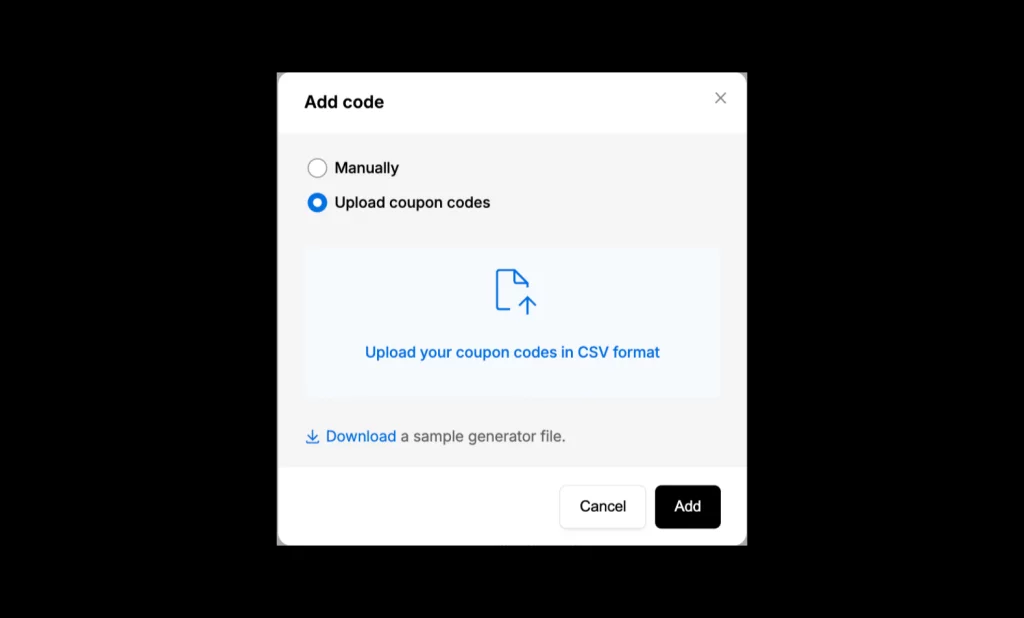A dialog window offers options to add code manually or upload coupon codes in CSV format, with sample file download link.