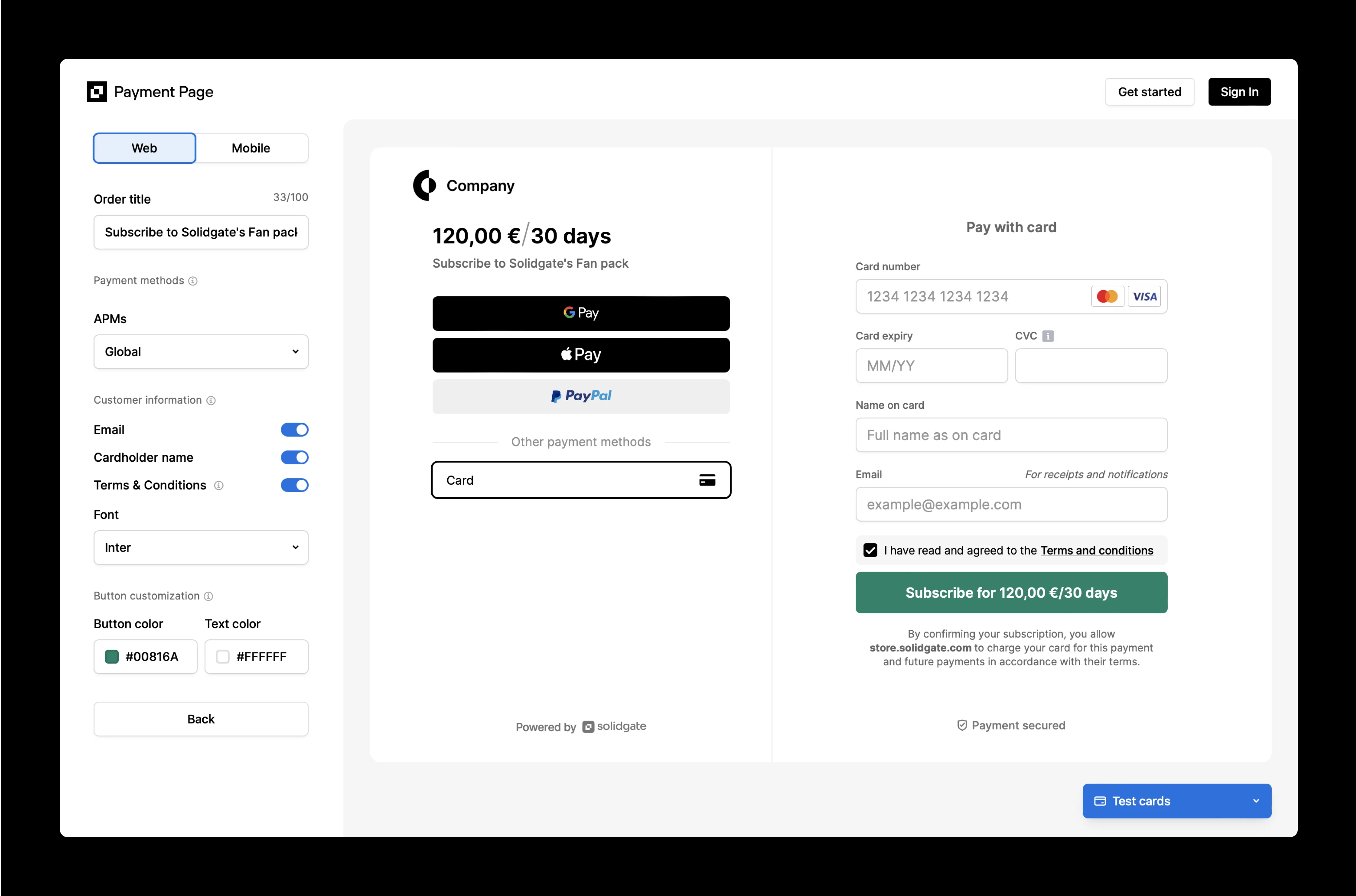 A customizable subscription payment page with options for Google Pay, Apple Pay, PayPal, and credit card, priced at €120 per 30 days.