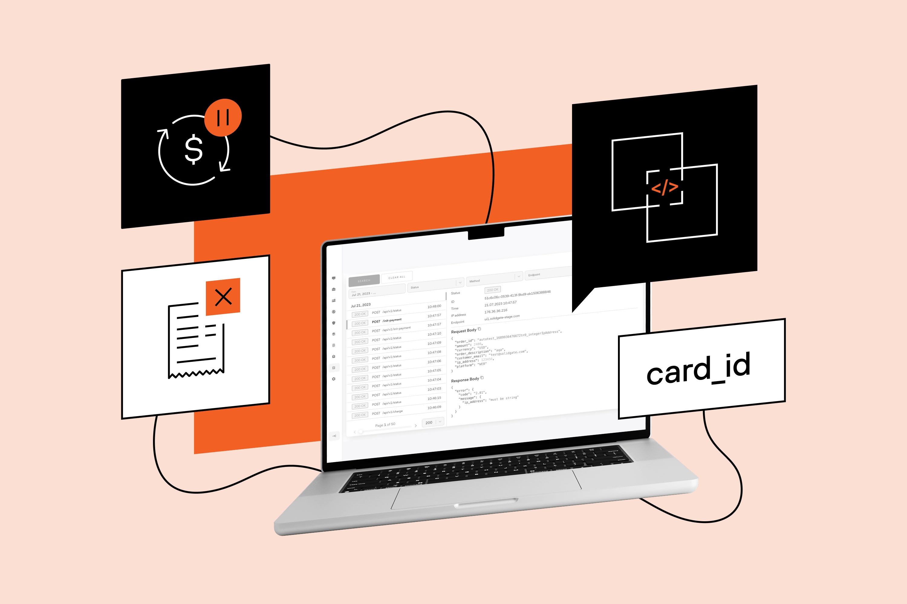 A laptop screen displays API logs surrounded by icons for transaction error, card ID, and pause, representing payment processing and troubleshooting.
