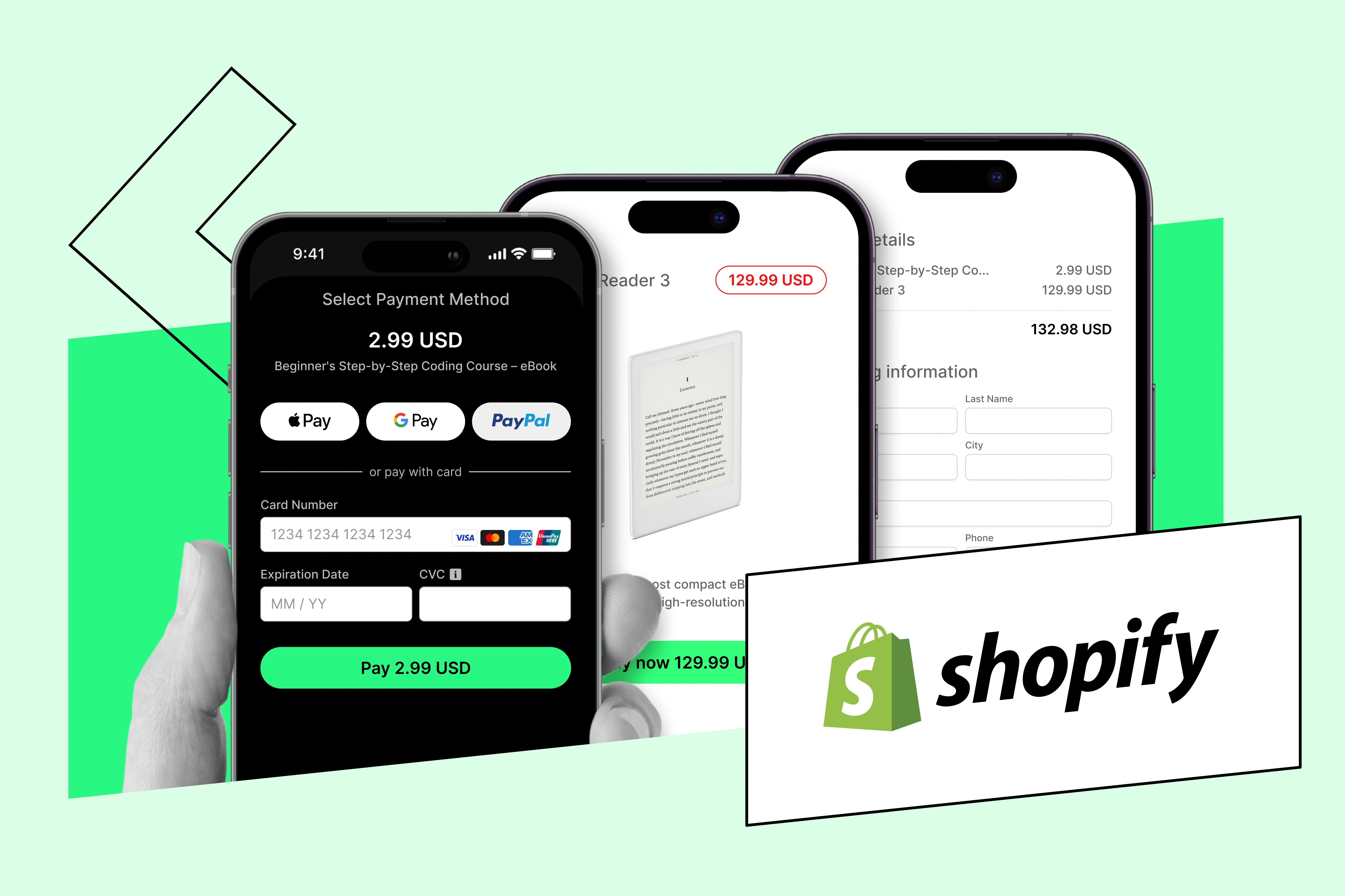 Three phones showing Shopify payment and checkout screens, one with the Shopify logo on a green background.