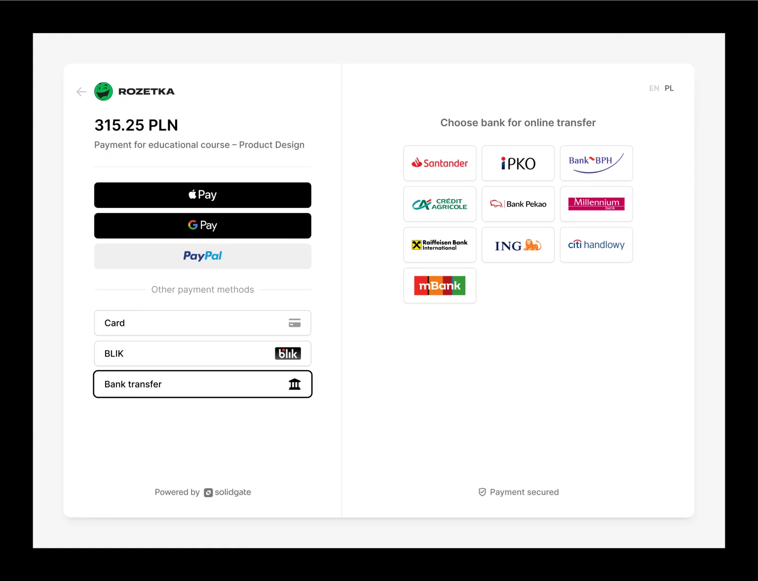 A checkout page shows payment for a course in PLN with Apple Pay, Google Pay, PayPal, card, BLIK, bank transfer, and Polish bank options.
