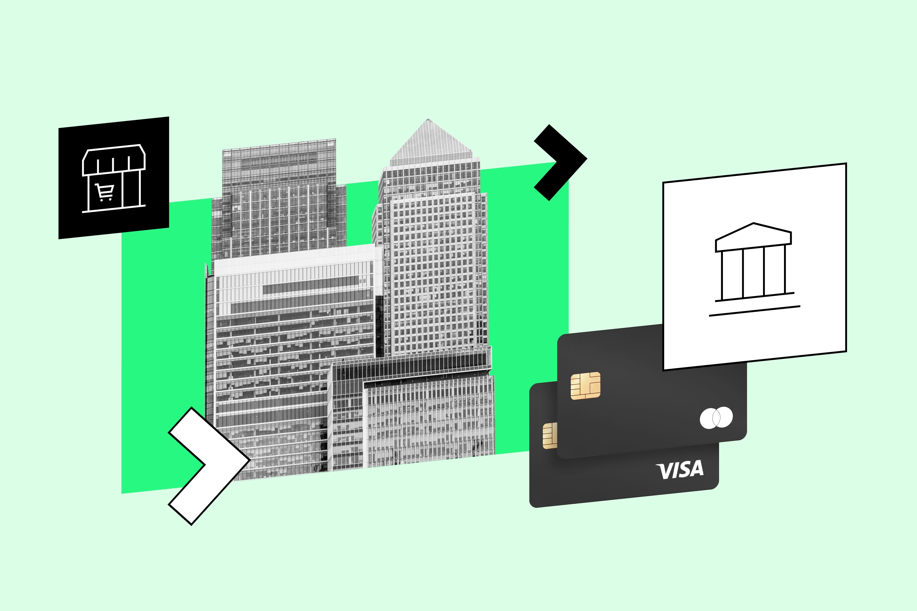 A collage of office buildings, credit cards, and icons for a merchant and a bank, representing business and banking relationships.