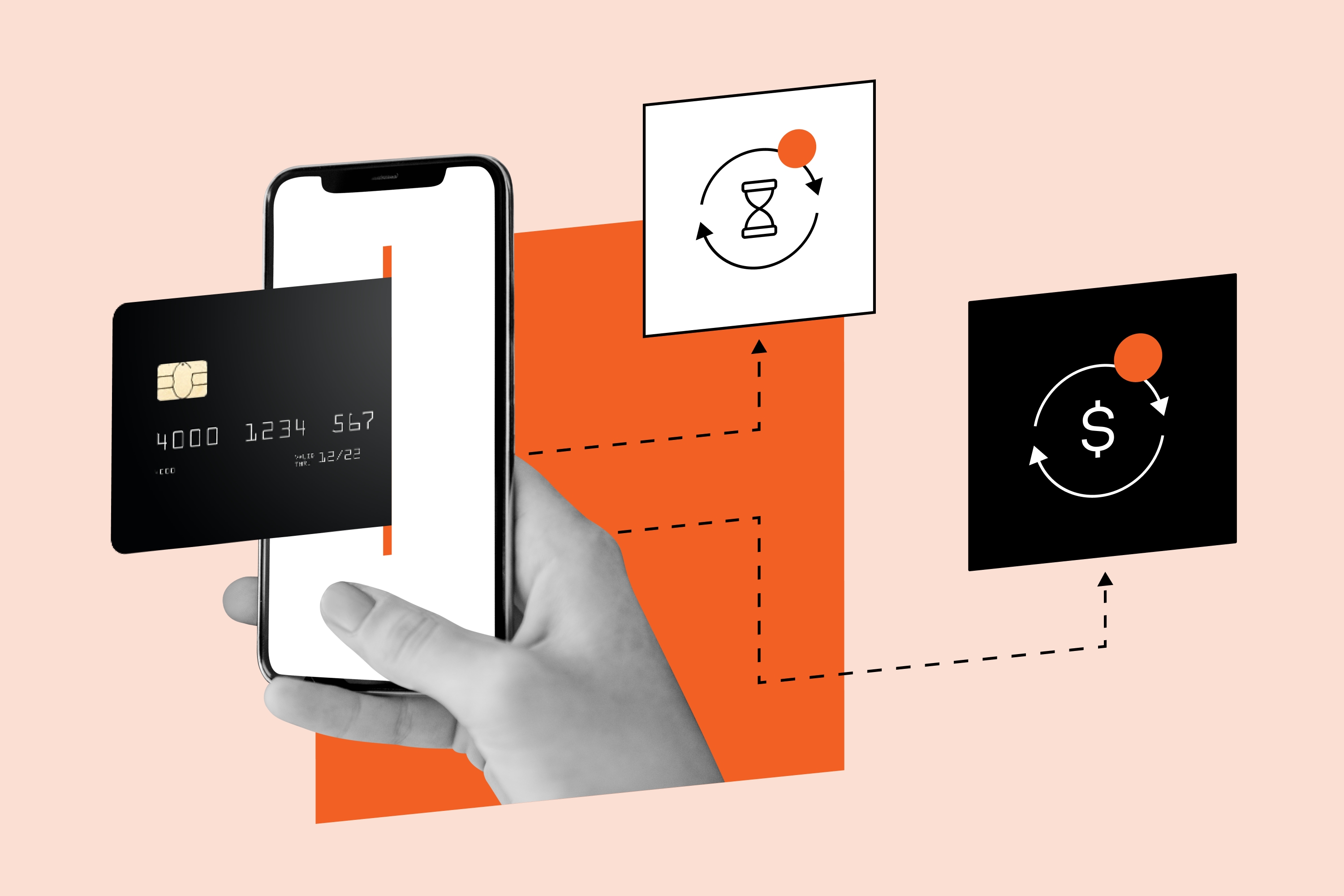 A phone scanning a credit card, with icons showing payment processing and transaction timing, representing fast digital payments.