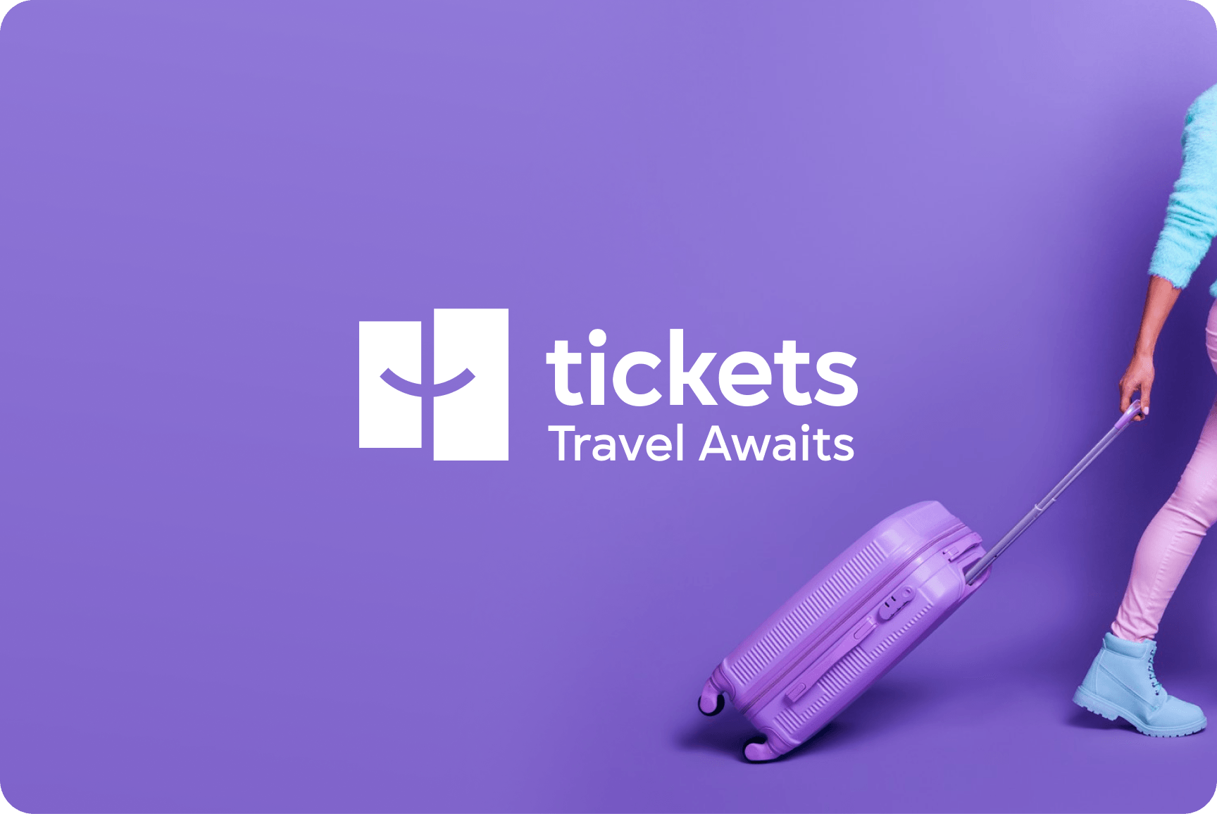 Tickets Travel Awaits logo with a person pulling a purple suitcase.