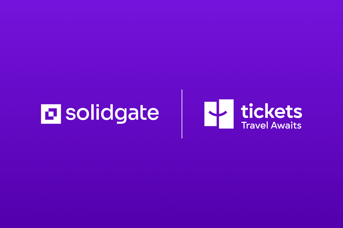 Logos for solidgate and tickets (Travel Awaits) displayed side by side on a purple background.
