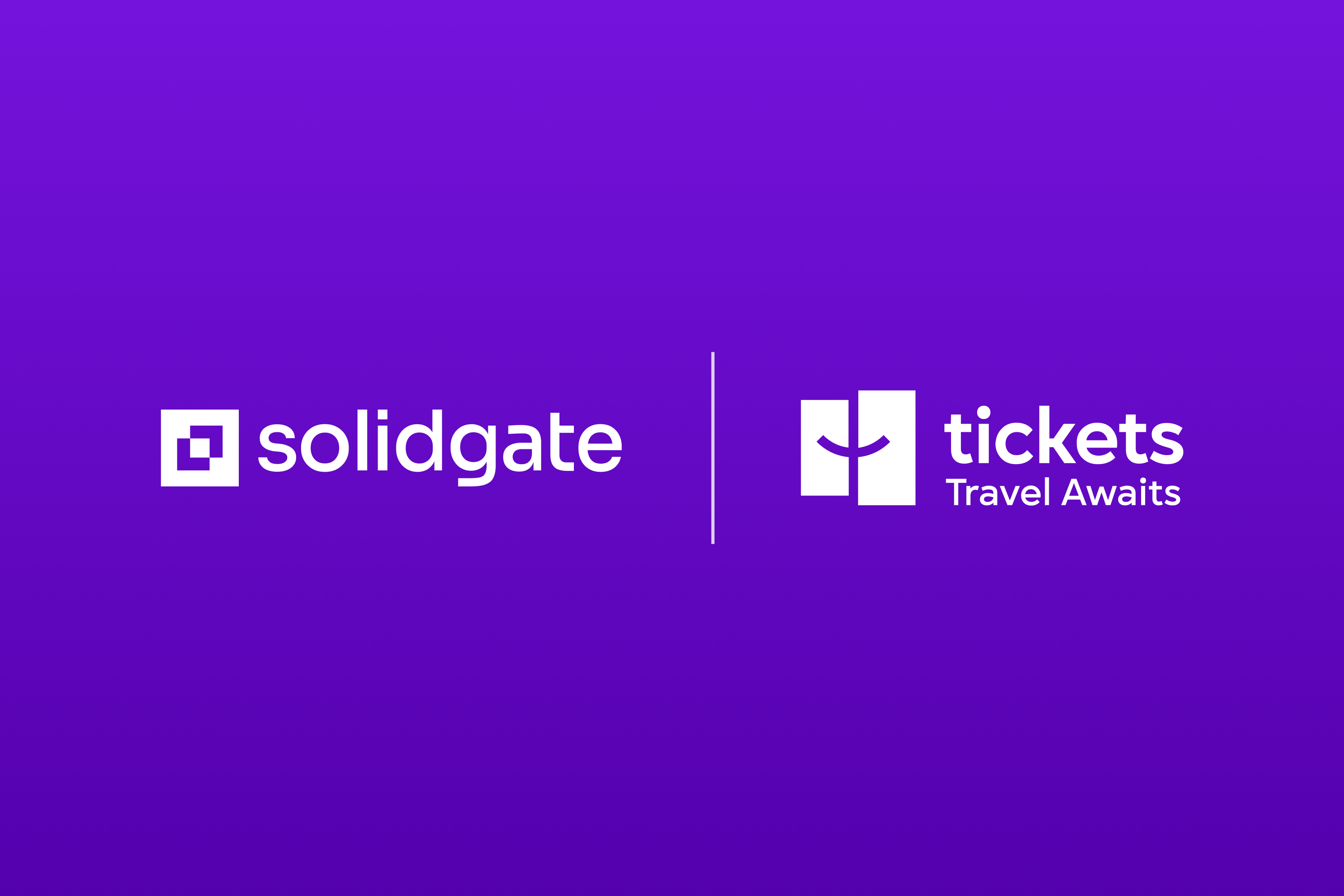 Logos for solidgate and tickets (Travel Awaits) displayed side by side on a purple background.