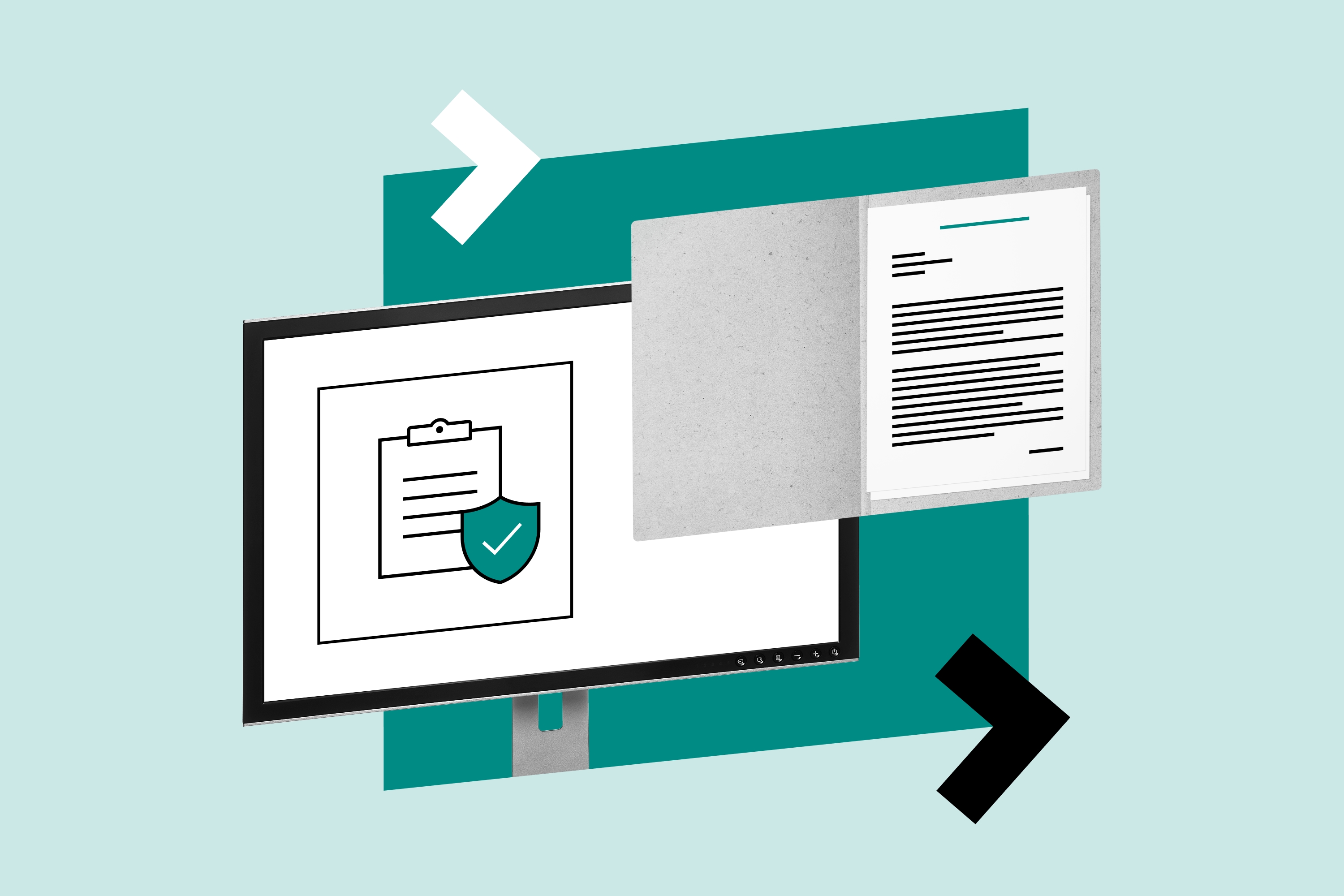 A checklist with shield and an open folder with a document, symbolizing secure and effective terms and conditions writing for merchants.