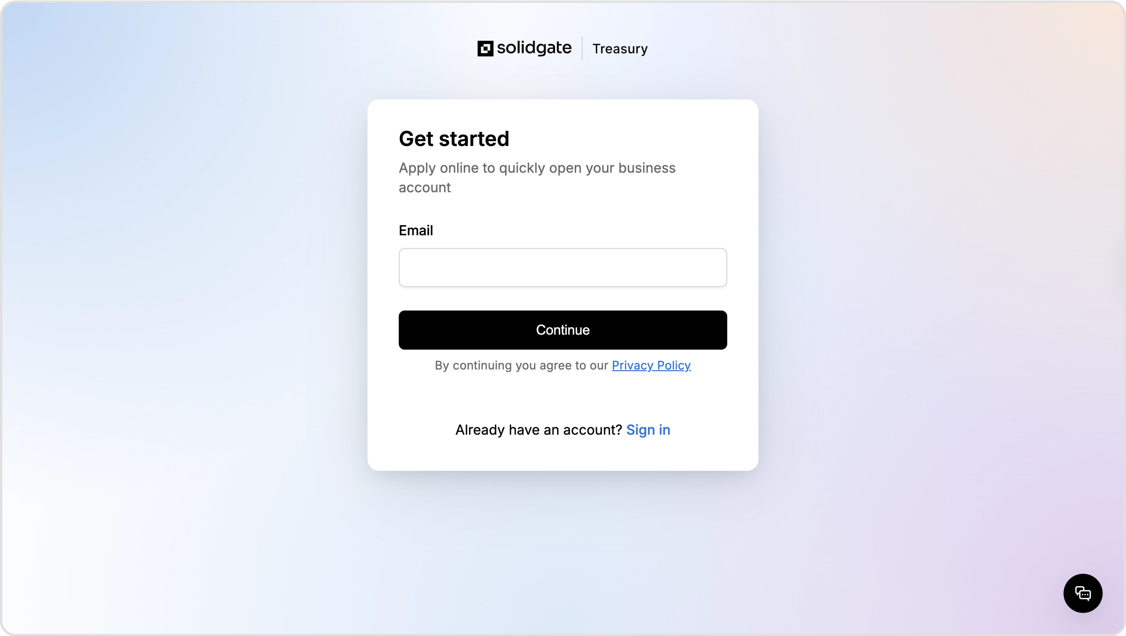 Get started form displaying an email input field and a 'Continue' button.