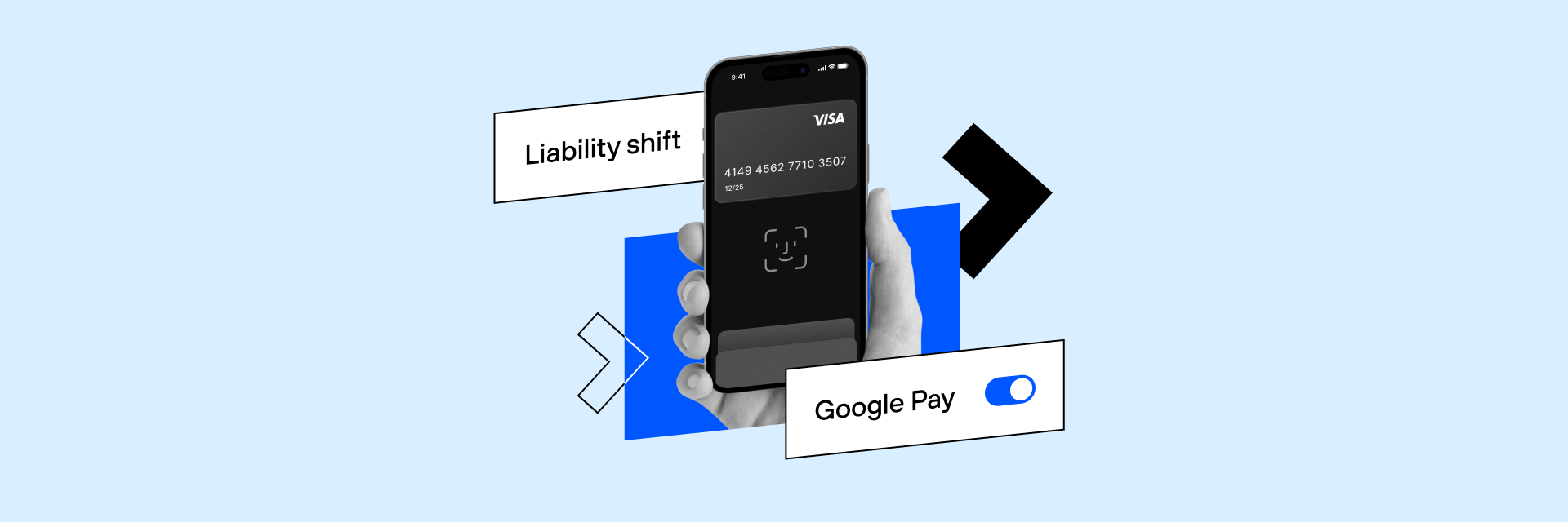 A hand holding a smartphone displaying a Visa card screen, with icons for Google Pay and a document labeled 