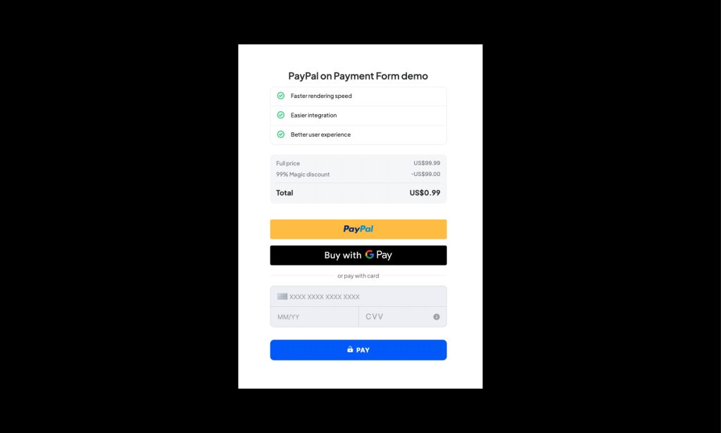 Payment form with Google Pay and PayPal payment buttons