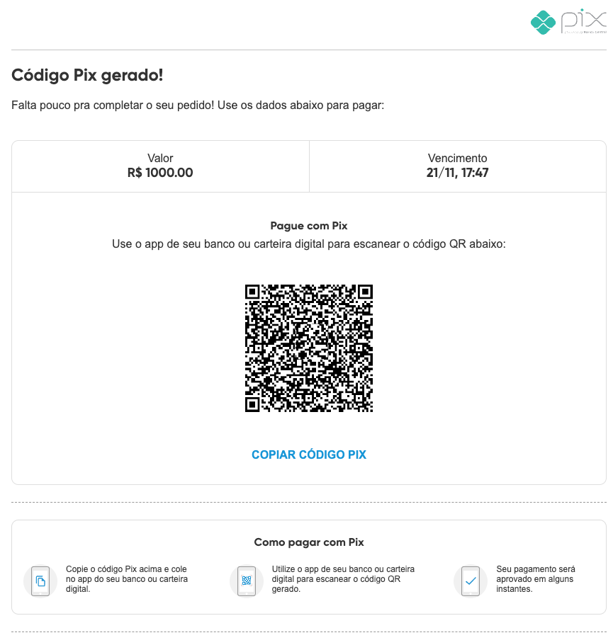 PIX payment method, checkout flow with QR code