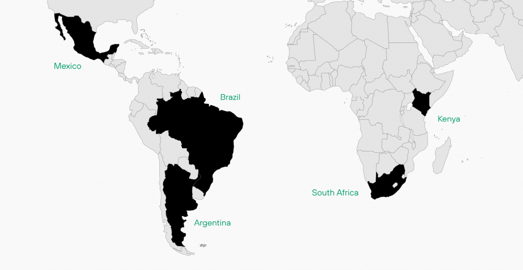 A map that highlights high+risk countries: Mexico, Brazil, Argentina, South Africa, Kenya