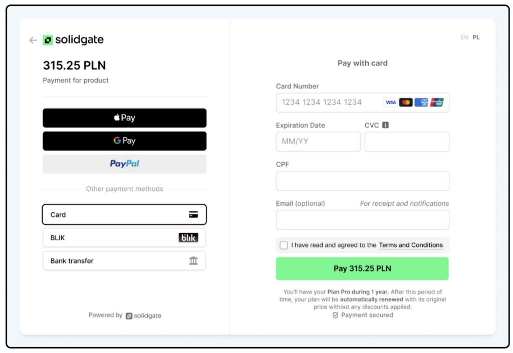 A Solidgate-powered checkout page with Google Pay, Apple Pay, PayPal, BLIK and card fields