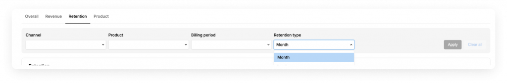 A screenshot of a retention tab in Solidgate Billing dashboard