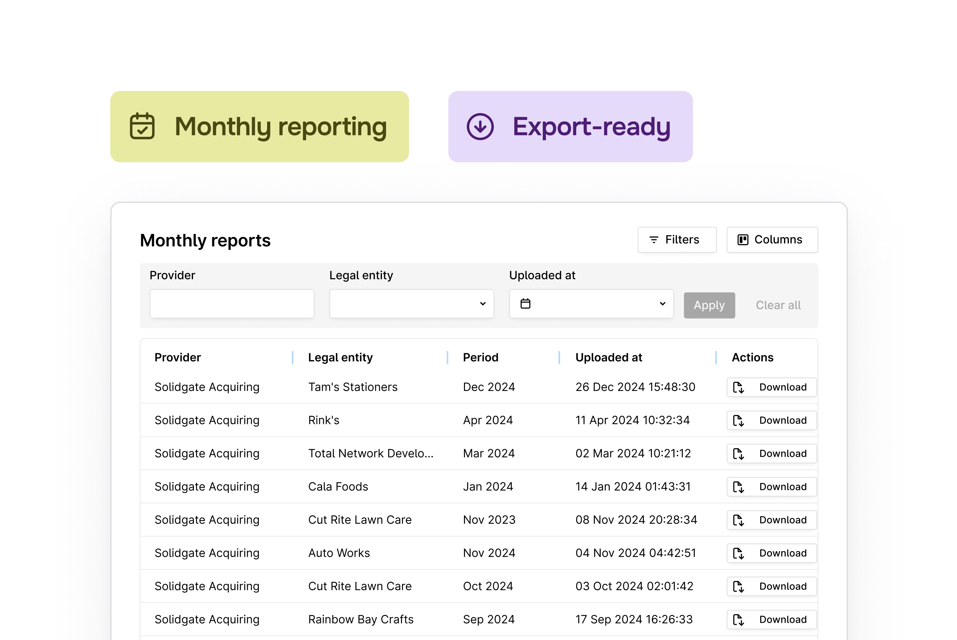 Monthly financial reports list with provider, legal entity, upload date, and download action.