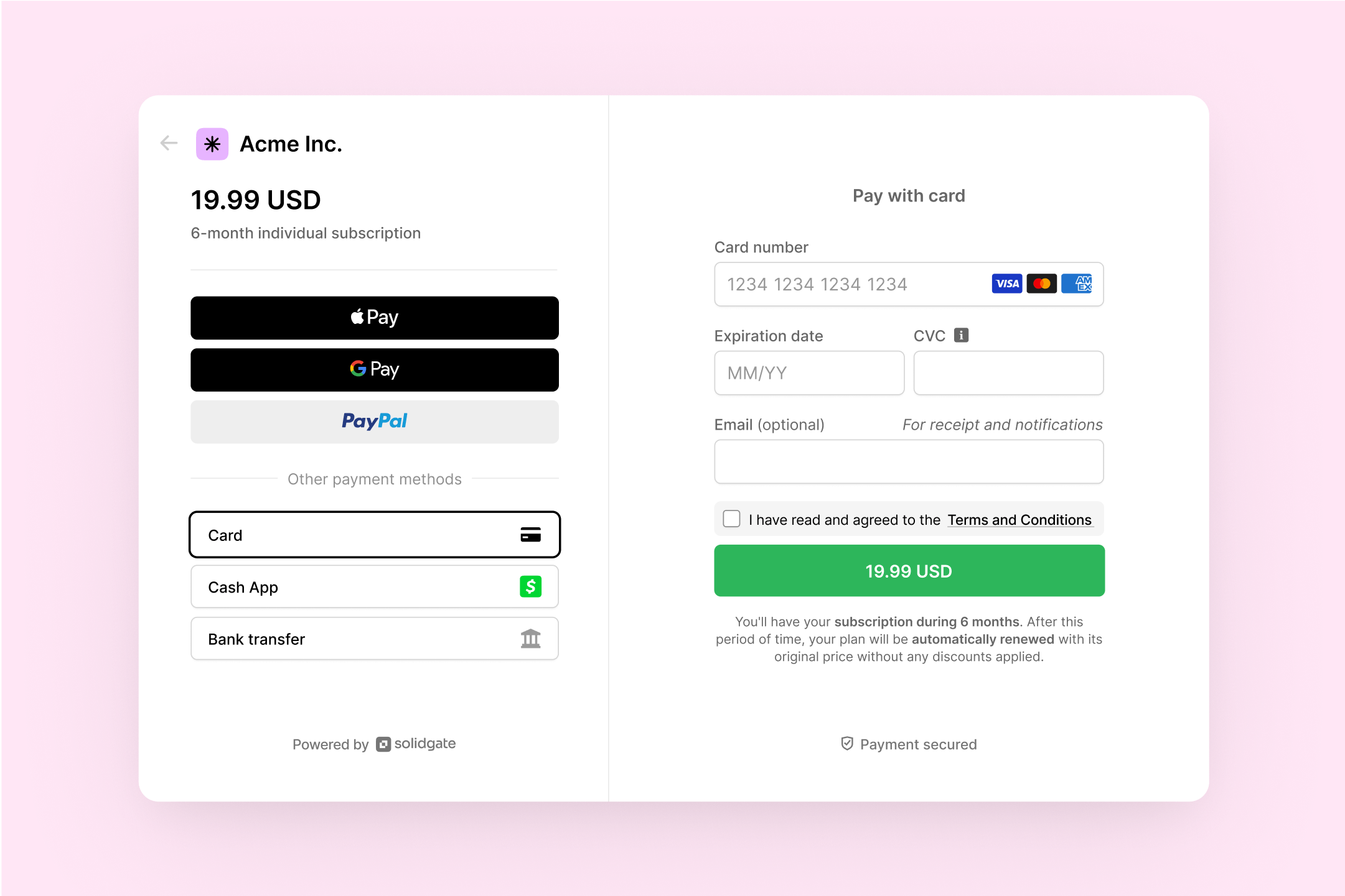 Online checkout displaying card, PayPal, Apple Pay, and input for cardholder details.